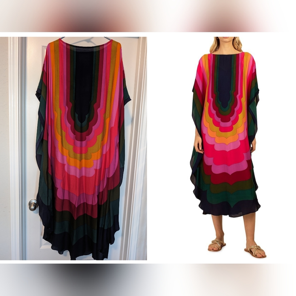 NWT Trina Turk Kaftan Caftan Dress Medium Green Pink Black Red Midi Cove…
